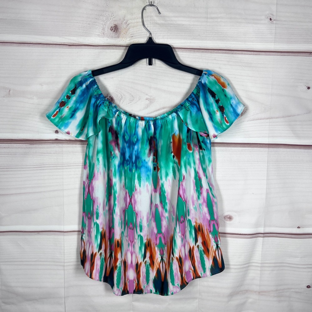 Buddy Love Top Womens Small Multicolor Off The Shoulder Ruffle Abstract Blouse